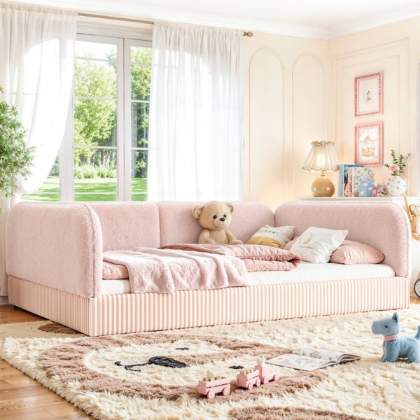English Elm Full Montessori Floor Bed Plush Teddy Fleece Kids Platform Frame with Guardrails Pink W1580P493121