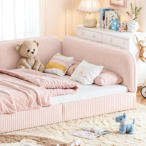 English Elm Full Montessori Floor Bed Plush Teddy Fleece Kids Platform Frame with Guardrails Pink W1580P493121