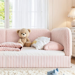 English Elm Full Montessori Floor Bed Plush Teddy Fleece Kids Platform Frame with Guardrails Pink W1580P493121