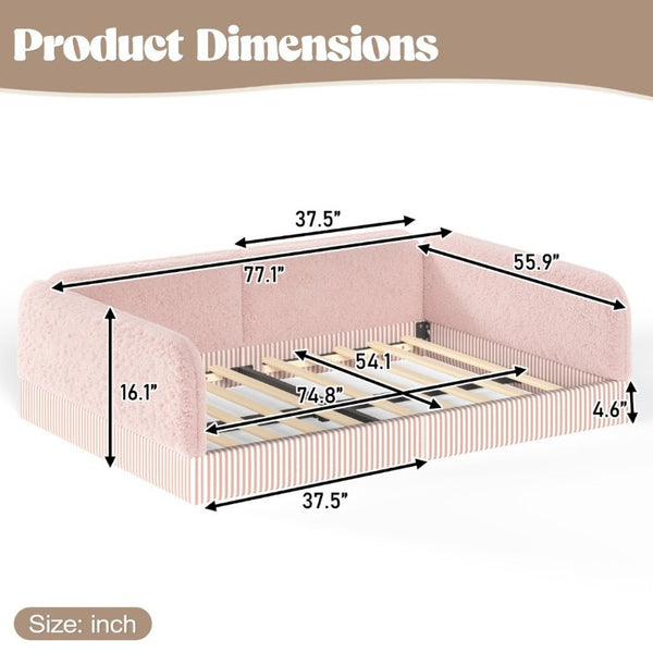 English Elm Full Montessori Floor Bed Plush Teddy Fleece Kids Platform Frame with Guardrails Pink W1580P493121