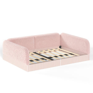 English Elm Full Montessori Floor Bed Plush Teddy Fleece Kids Platform Frame with Guardrails Pink W1580P493121