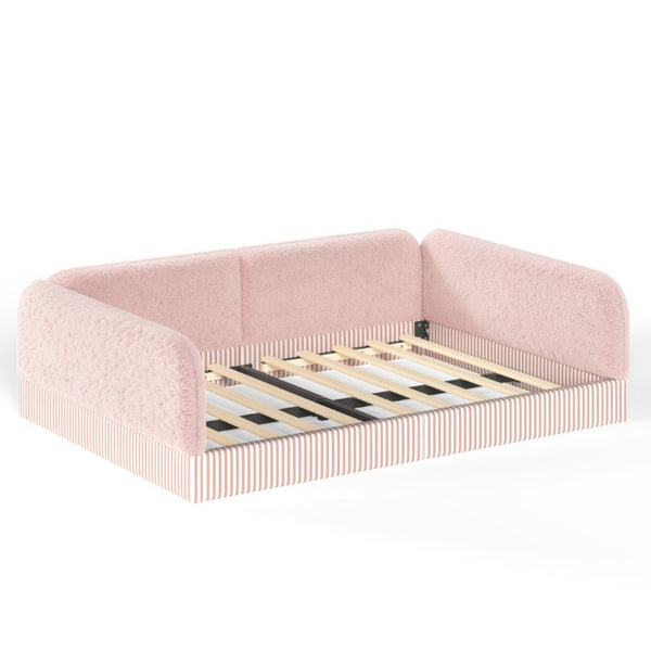 English Elm Full Montessori Floor Bed Plush Teddy Fleece Kids Platform Frame with Guardrails Pink W1580P493121