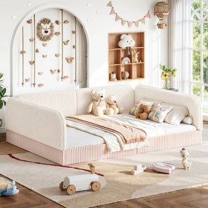 English Elm Queen Montessori Floor Bed Plush Fleece Upholstered Low Platform Kids Frame Beige W1580P493122