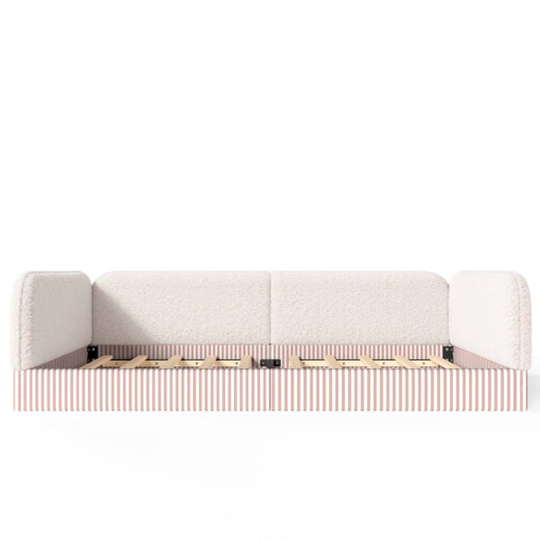 English Elm Queen Montessori Floor Bed Plush Fleece Upholstered Low Platform Kids Frame Beige W1580P493122