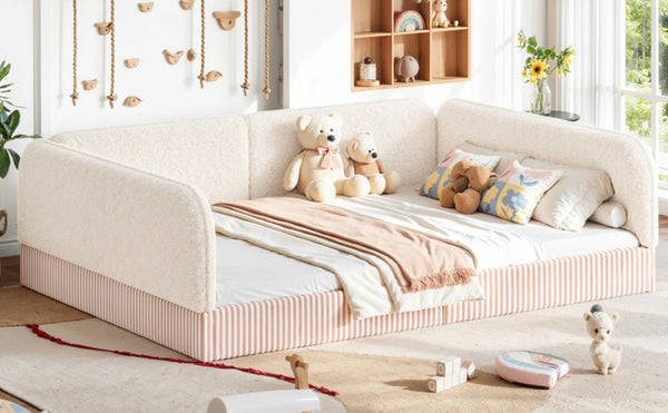 English Elm Queen Montessori Floor Bed Plush Fleece Upholstered Low Platform Kids Frame Beige W1580P493122