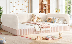 English Elm Queen Montessori Floor Bed Plush Fleece Upholstered Low Platform Kids Frame Beige W1580P493122