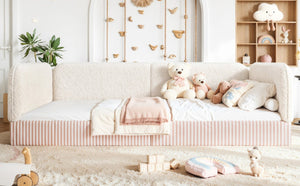 English Elm Queen Montessori Floor Bed Plush Fleece Upholstered Low Platform Kids Frame Beige W1580P493122
