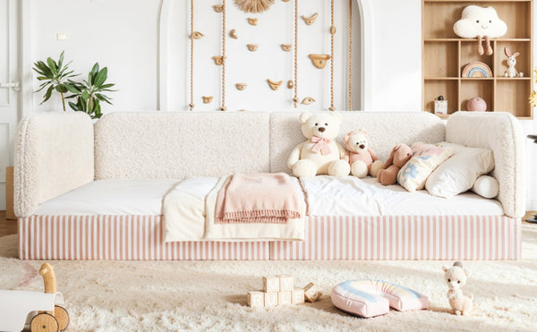 English Elm Queen Montessori Floor Bed Plush Fleece Upholstered Low Platform Kids Frame Beige W1580P493122