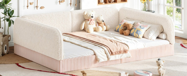 English Elm Queen Montessori Floor Bed Plush Fleece Upholstered Low Platform Kids Frame Beige W1580P493122