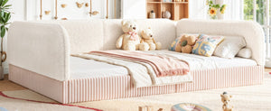 English Elm Queen Montessori Floor Bed Plush Fleece Upholstered Low Platform Kids Frame Beige W1580P493122
