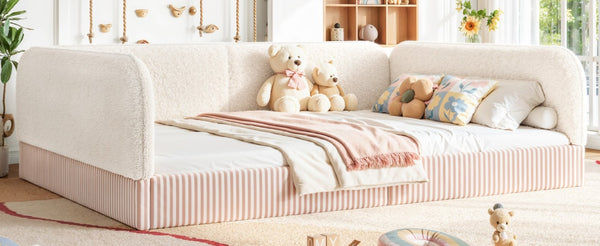 English Elm Queen Montessori Floor Bed Plush Fleece Upholstered Low Platform Kids Frame Beige W1580P493122