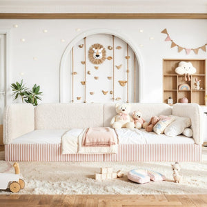 English Elm Queen Montessori Floor Bed Plush Fleece Upholstered Low Platform Kids Frame Beige W1580P493122