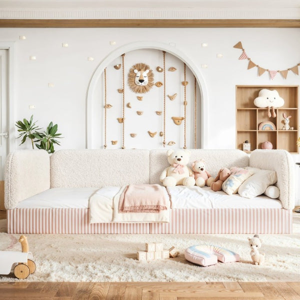 English Elm Queen Montessori Floor Bed Plush Fleece Upholstered Low Platform Kids Frame Beige W1580P493122