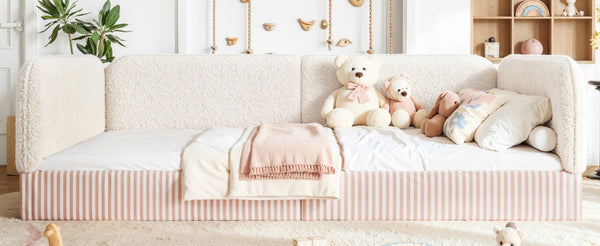 English Elm Queen Montessori Floor Bed Plush Fleece Upholstered Low Platform Kids Frame Beige W1580P493122