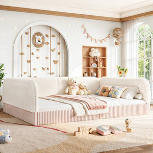 English Elm Queen Montessori Floor Bed Plush Fleece Upholstered Low Platform Kids Frame Beige W1580P493122