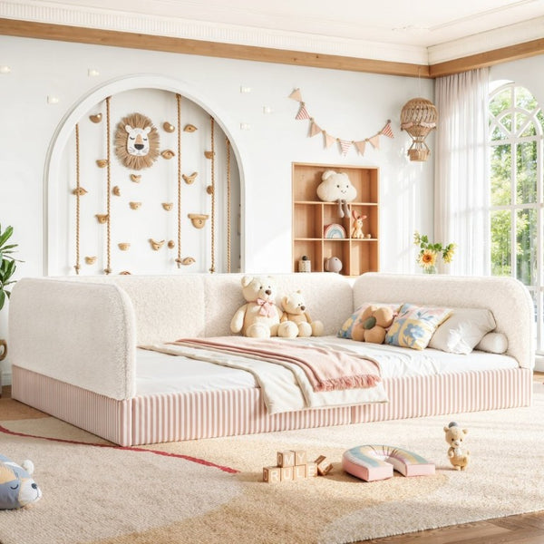 English Elm Queen Montessori Floor Bed Plush Fleece Upholstered Low Platform Kids Frame Beige W1580P493122