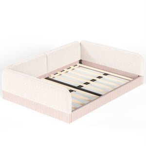 English Elm Queen Montessori Floor Bed Plush Fleece Upholstered Low Platform Kids Frame Beige W1580P493122