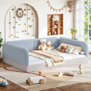 English Elm Queen Montessori Floor Bed Plush Fleece Upholstered Low Platform Kids Frame Blue W1580P493124