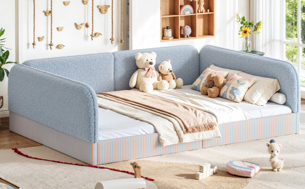 English Elm Queen Montessori Floor Bed Plush Fleece Upholstered Low Platform Kids Frame Blue W1580P493124