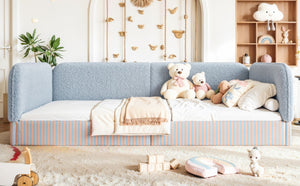 English Elm Queen Montessori Floor Bed Plush Fleece Upholstered Low Platform Kids Frame Blue W1580P493124