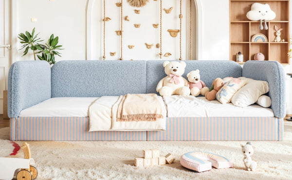 English Elm Queen Montessori Floor Bed Plush Fleece Upholstered Low Platform Kids Frame Blue W1580P493124