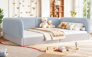 English Elm Queen Montessori Floor Bed Plush Fleece Upholstered Low Platform Kids Frame Blue W1580P493124