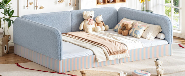 English Elm Queen Montessori Floor Bed Plush Fleece Upholstered Low Platform Kids Frame Blue W1580P493124