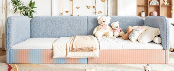 English Elm Queen Montessori Floor Bed Plush Fleece Upholstered Low Platform Kids Frame Blue W1580P493124