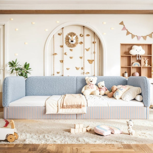 English Elm Queen Montessori Floor Bed Plush Fleece Upholstered Low Platform Kids Frame Blue W1580P493124