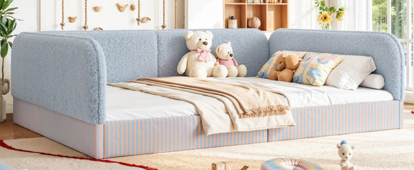 English Elm Queen Montessori Floor Bed Plush Fleece Upholstered Low Platform Kids Frame Blue W1580P493124