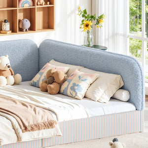 English Elm Queen Montessori Floor Bed Plush Fleece Upholstered Low Platform Kids Frame Blue W1580P493124