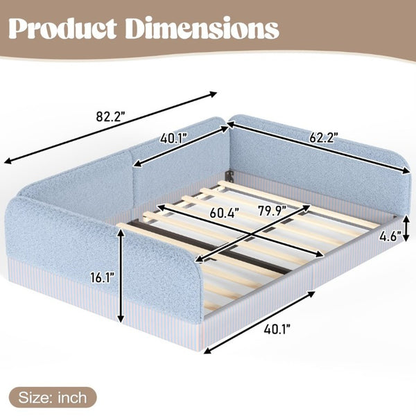 English Elm Queen Montessori Floor Bed Plush Fleece Upholstered Low Platform Kids Frame Blue W1580P493124