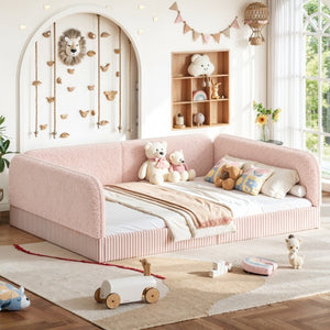 English Elm Queen Montessori Floor Bed Plush Fleece Upholstered Low Platform Kids Frame Pink W1580P493125