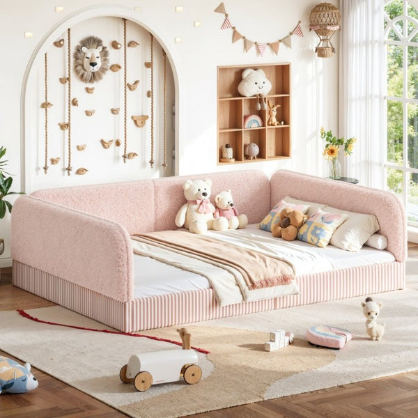 English Elm Queen Montessori Floor Bed Plush Fleece Upholstered Low Platform Kids Frame Pink W1580P493125