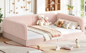 English Elm Queen Montessori Floor Bed Plush Fleece Upholstered Low Platform Kids Frame Pink W1580P493125
