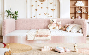English Elm Queen Montessori Floor Bed Plush Fleece Upholstered Low Platform Kids Frame Pink W1580P493125