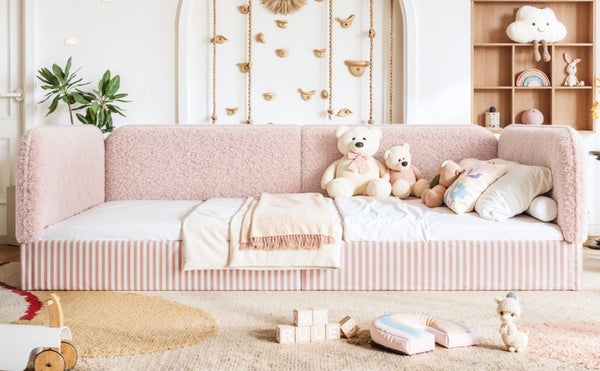 English Elm Queen Montessori Floor Bed Plush Fleece Upholstered Low Platform Kids Frame Pink W1580P493125