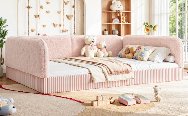 English Elm Queen Montessori Floor Bed Plush Fleece Upholstered Low Platform Kids Frame Pink W1580P493125