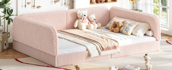 English Elm Queen Montessori Floor Bed Plush Fleece Upholstered Low Platform Kids Frame Pink W1580P493125