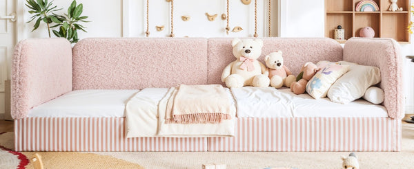 English Elm Queen Montessori Floor Bed Plush Fleece Upholstered Low Platform Kids Frame Pink W1580P493125