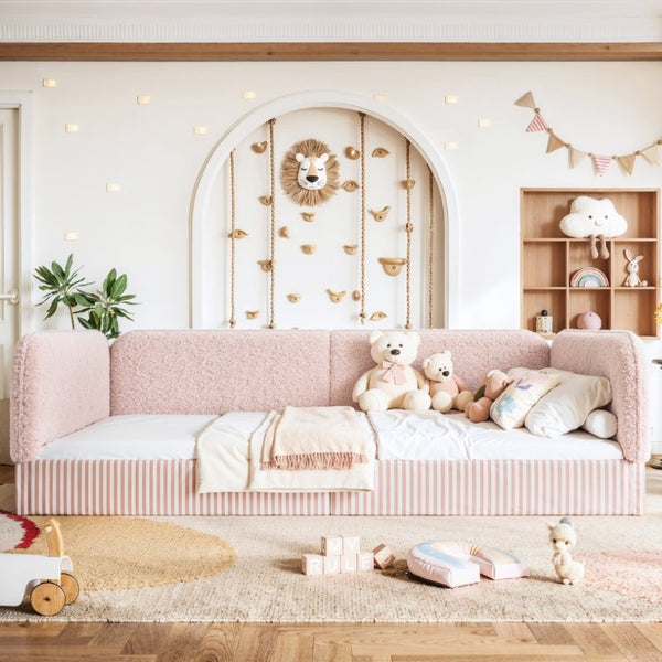 English Elm Queen Montessori Floor Bed Plush Fleece Upholstered Low Platform Kids Frame Pink W1580P493125