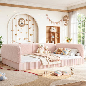 English Elm Queen Montessori Floor Bed Plush Fleece Upholstered Low Platform Kids Frame Pink W1580P493125