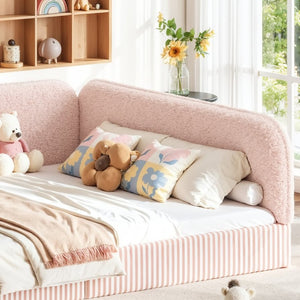 English Elm Queen Montessori Floor Bed Plush Fleece Upholstered Low Platform Kids Frame Pink W1580P493125