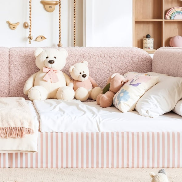 English Elm Queen Montessori Floor Bed Plush Fleece Upholstered Low Platform Kids Frame Pink W1580P493125