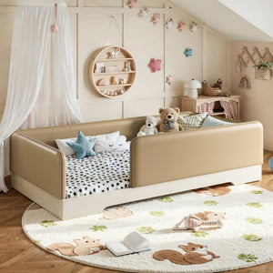 English Elm Twin Montessori Floor Bed Faux Leather Padded Frame with Removable Guardrails Kids Brown W1580P493126