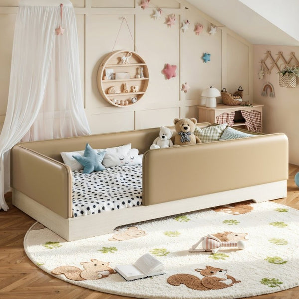 English Elm Twin Montessori Floor Bed Faux Leather Padded Frame with Removable Guardrails Kids Brown W1580P493126