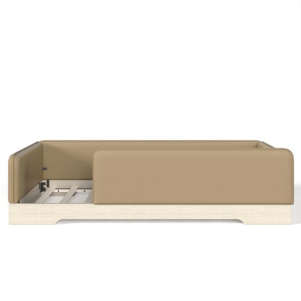 English Elm Twin Montessori Floor Bed Faux Leather Padded Frame with Removable Guardrails Kids Brown W1580P493126