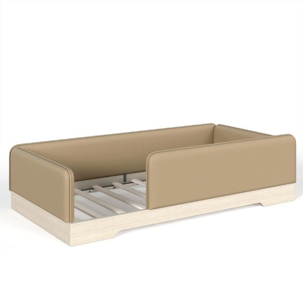 English Elm Twin Montessori Floor Bed Faux Leather Padded Frame with Removable Guardrails Kids Brown W1580P493126