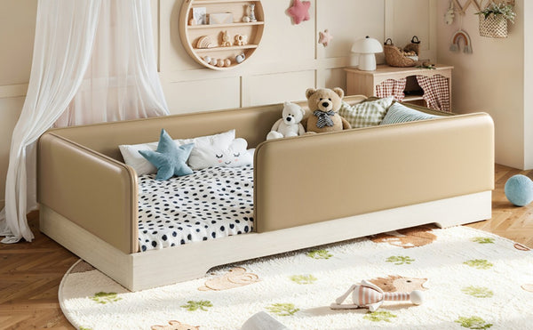 English Elm Twin Montessori Floor Bed Faux Leather Padded Frame with Removable Guardrails Kids Brown W1580P493126