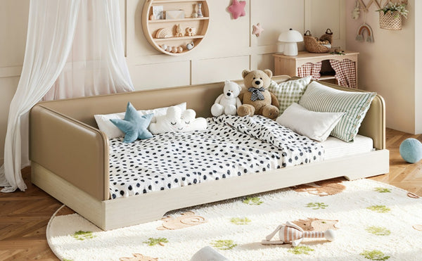 English Elm Twin Montessori Floor Bed Faux Leather Padded Frame with Removable Guardrails Kids Brown W1580P493126